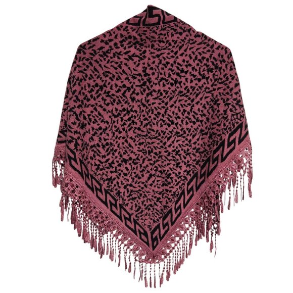 Pink Black Knit Triangle Wrap Shawl Scarf Fringe Lace Trim Womens One Size - Picture 2 of 3